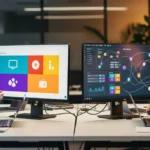 Five professionals reviewing colorful app interface designs and data analytics dashboards on dual monitors in an office.