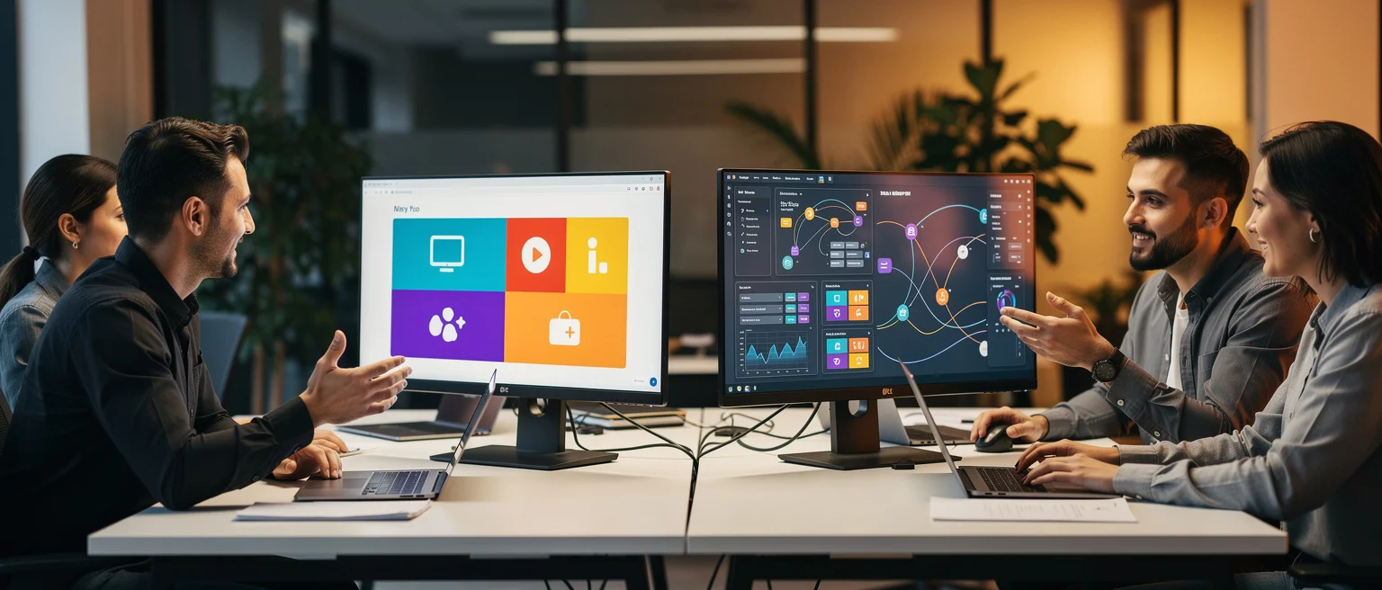 Five professionals reviewing colorful app interface designs and data analytics dashboards on dual monitors in an office.