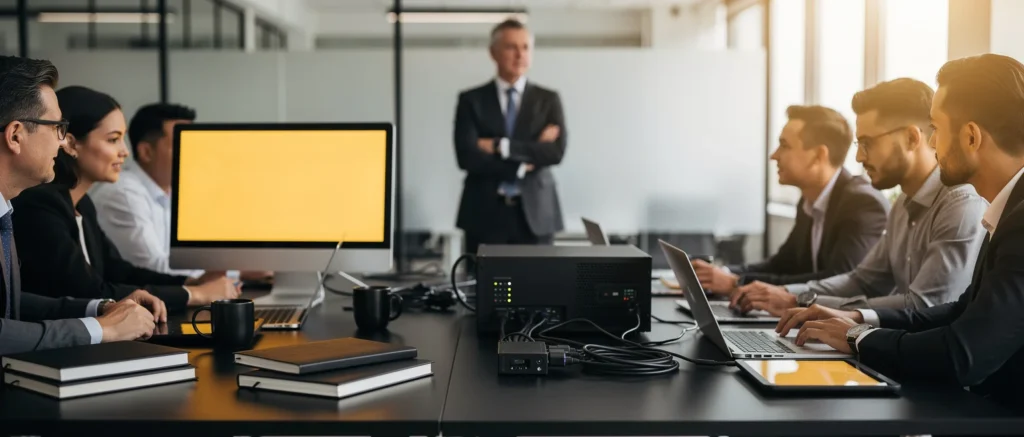 Business professionals seated at a conference table with laptops and a monitor during a meeting in a modern office.