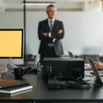 Business professionals seated at a conference table with laptops and a monitor during a meeting in a modern office.