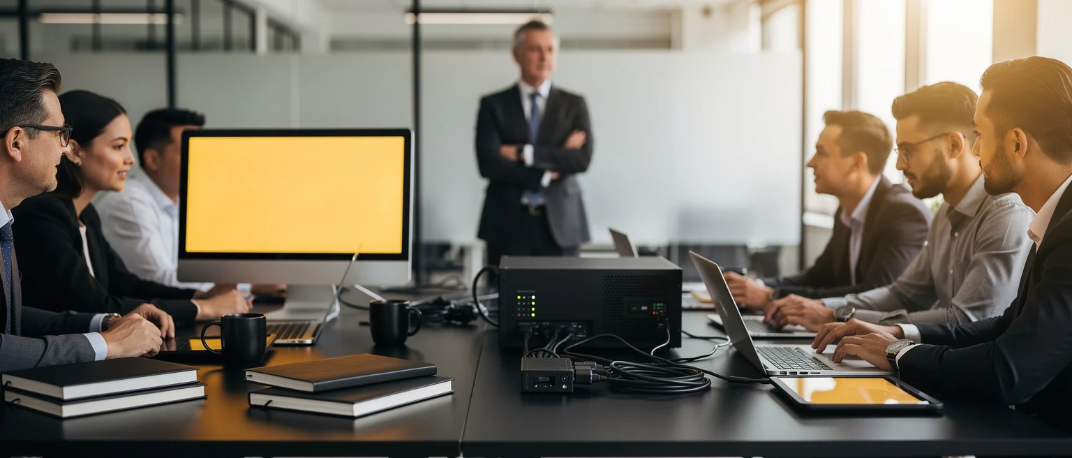 Business professionals seated at a conference table with laptops and a monitor during a meeting in a modern office.