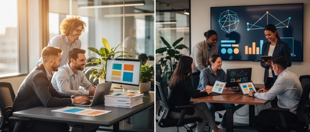 Left: Three men review colorful design tiles on a computer in a bright office. Right: Five professionals discuss analytics di