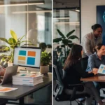 Left: Three men review colorful design tiles on a computer in a bright office. Right: Five professionals discuss analytics di