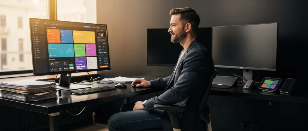 Man in business casual attire working at a desk with multiple monitors displaying a colorful dashboard interface.