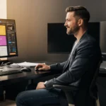 Man in business casual attire working at a desk with multiple monitors displaying a colorful dashboard interface.