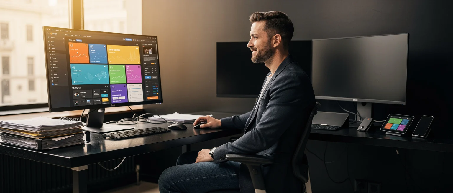 Man in business casual attire working at a desk with multiple monitors displaying a colorful dashboard interface.