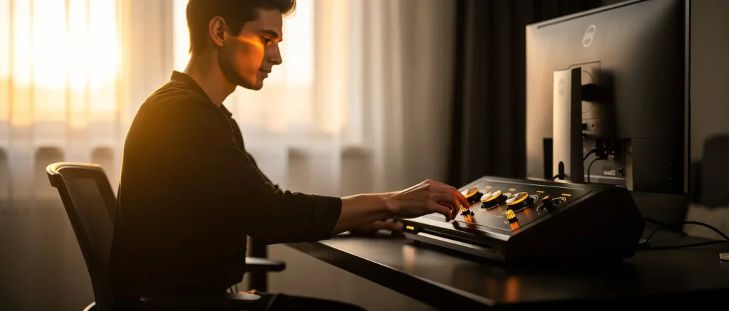 Man operating an audio mixing console at a desk with a monitor, bathed in warm sunlight from a window.