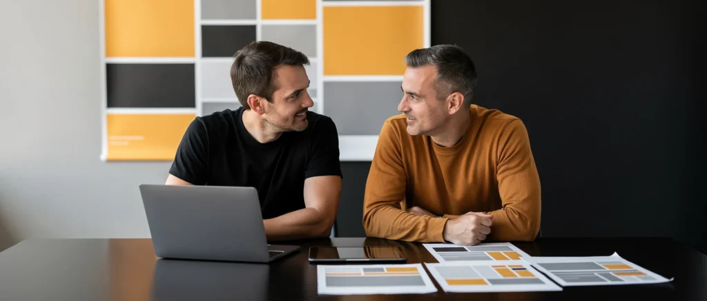 Two men in casual shirts discuss work at a desk with a laptop and design mockups in front of a geometric wall display.