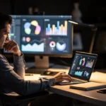 Man analyzing data dashboards on a laptop and desktop monitor at night in an office.