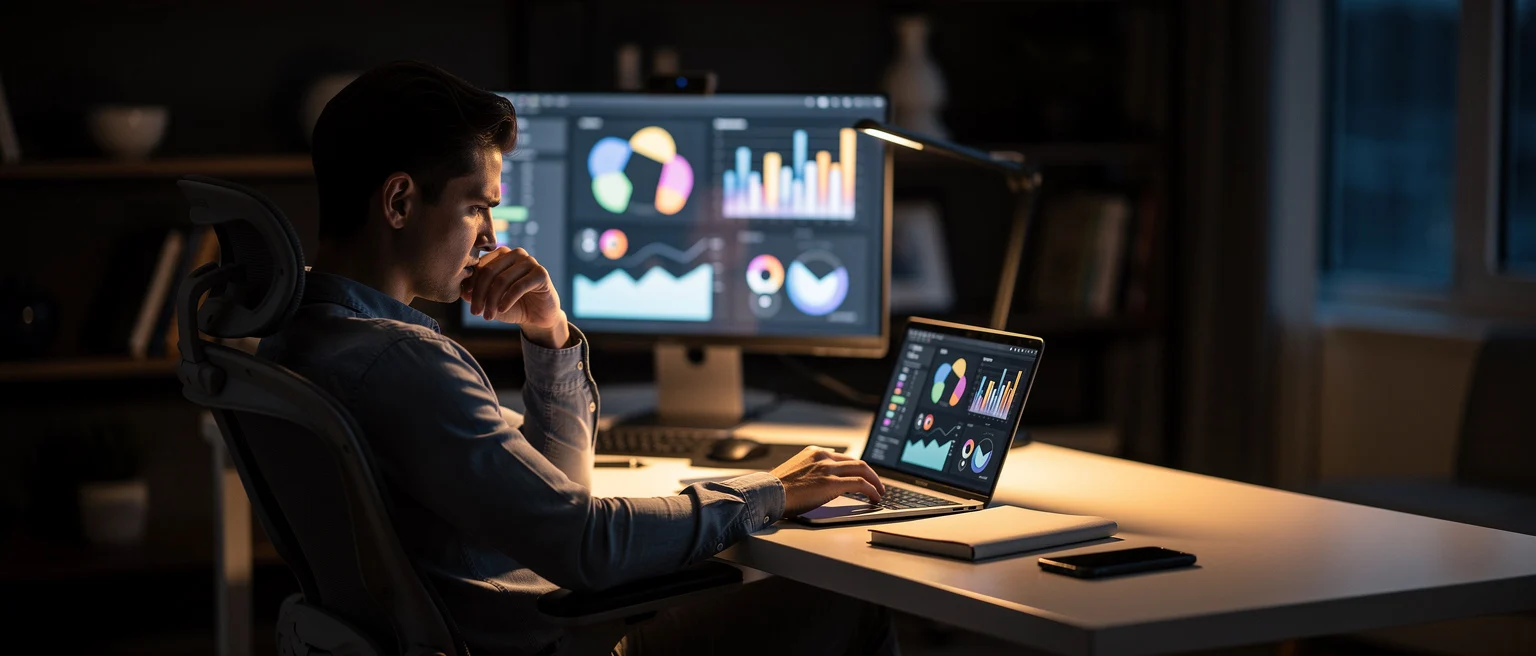 Man analyzing data dashboards on a laptop and desktop monitor at night in an office.