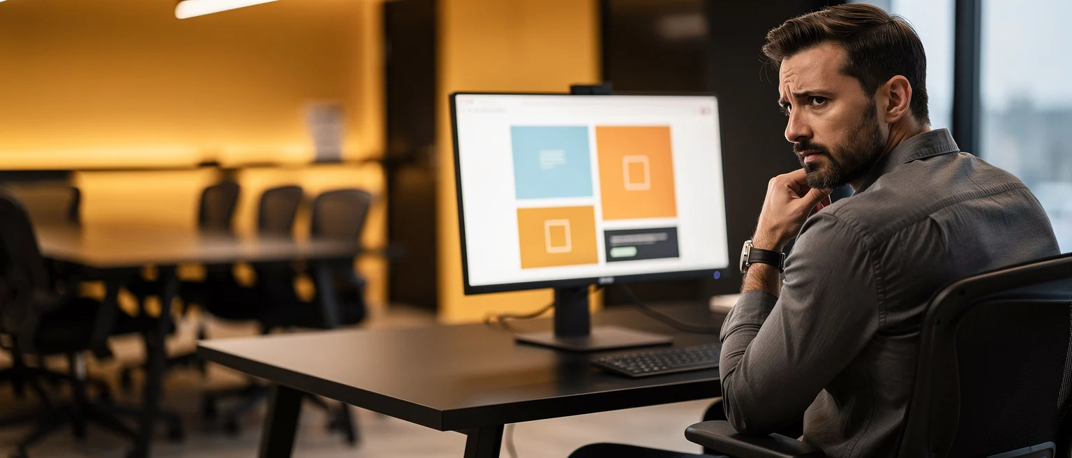 Man in gray shirt sits at desk reviewing UI layout design on monitor in modern office.