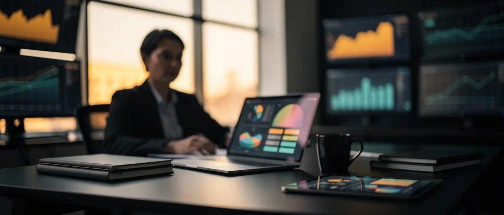 Business professional working at desk with laptop displaying analytics charts, surrounded by data visualisation screens at su