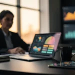 Business professional working at desk with laptop displaying analytics charts, surrounded by data visualisation screens at su