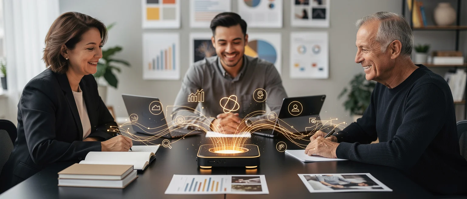Three business professionals having a meeting at a table with a holographic display showing digital icons and connectivity sy