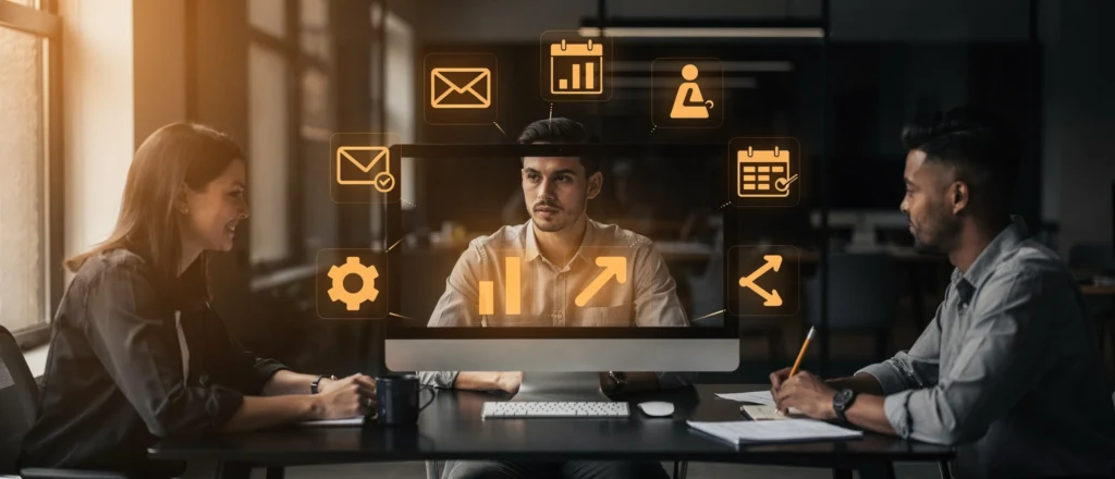 Three colleagues in a meeting with business management icons displayed on a computer screen between them.