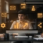 Three colleagues in a meeting with business management icons displayed on a computer screen between them.