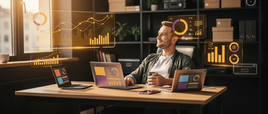 Man at desk with multiple laptops displaying financial charts and data analytics visualisations in an office setting.