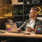 Man at desk with multiple laptops displaying financial charts and data analytics visualisations in an office setting.