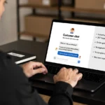 Man in black shirt using laptop displaying customer chat interface with support options and limitations listed.