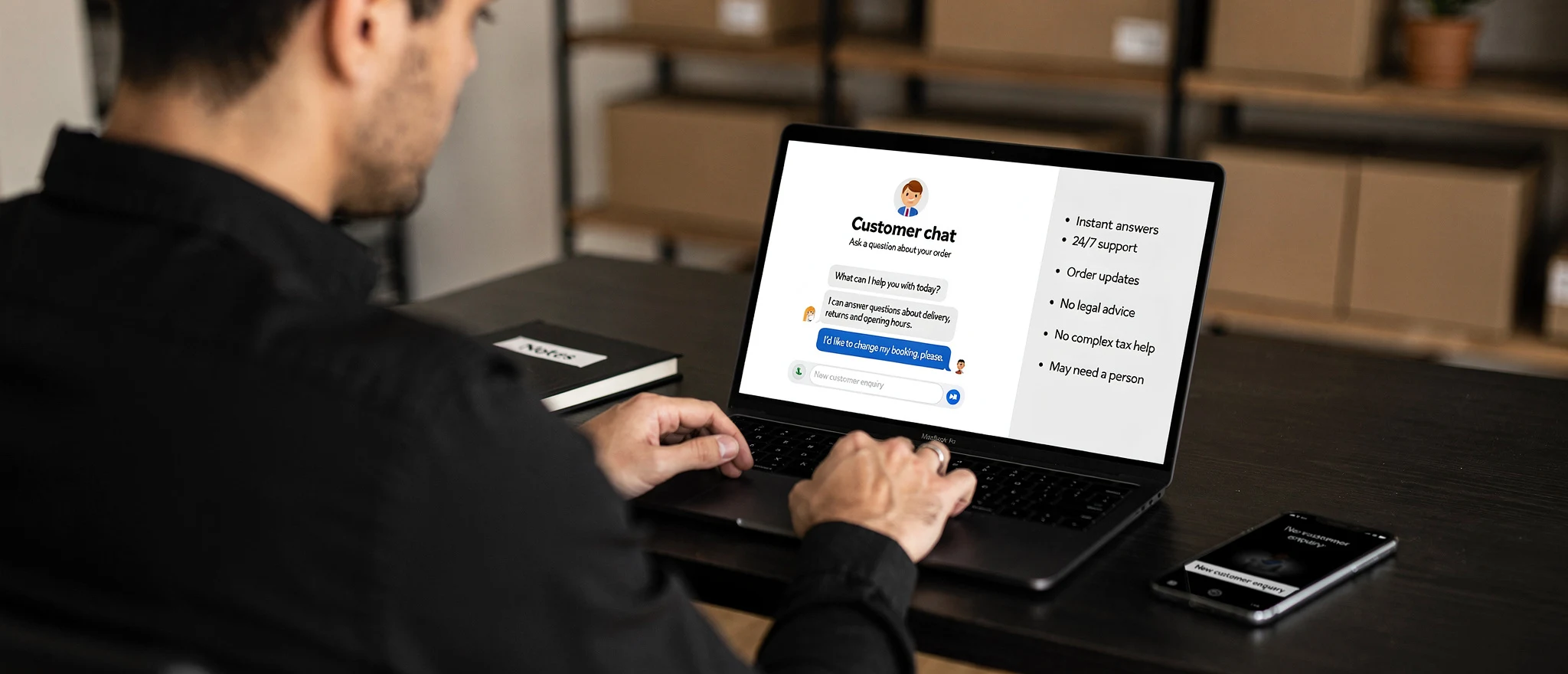 Man in black shirt using laptop displaying customer chat interface with support options and limitations listed.