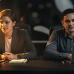 Two professionals working at laptops at a desk in warm evening lighting.