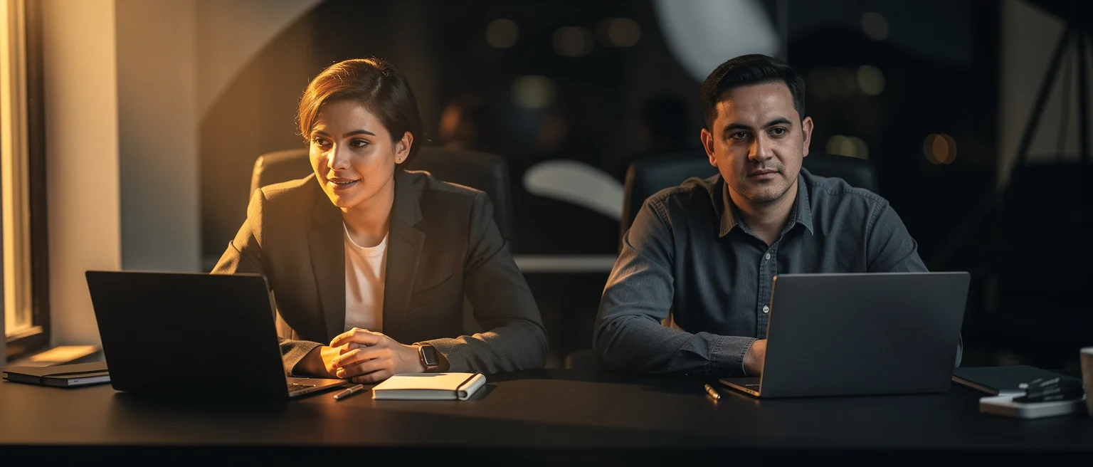 Two professionals working at laptops at a desk in warm evening lighting.
