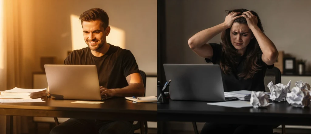 Man smiling whilst working on laptop beside distressed woman holding her head at desk with crumpled papers.