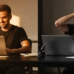Man smiling whilst working on laptop beside distressed woman holding her head at desk with crumpled papers.