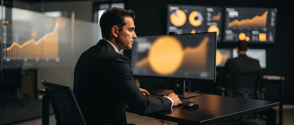 Businessman in dark suit viewing financial data charts on computer monitors in an office.