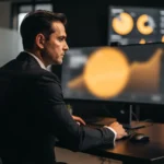 Businessman in dark suit viewing financial data charts on computer monitors in an office.