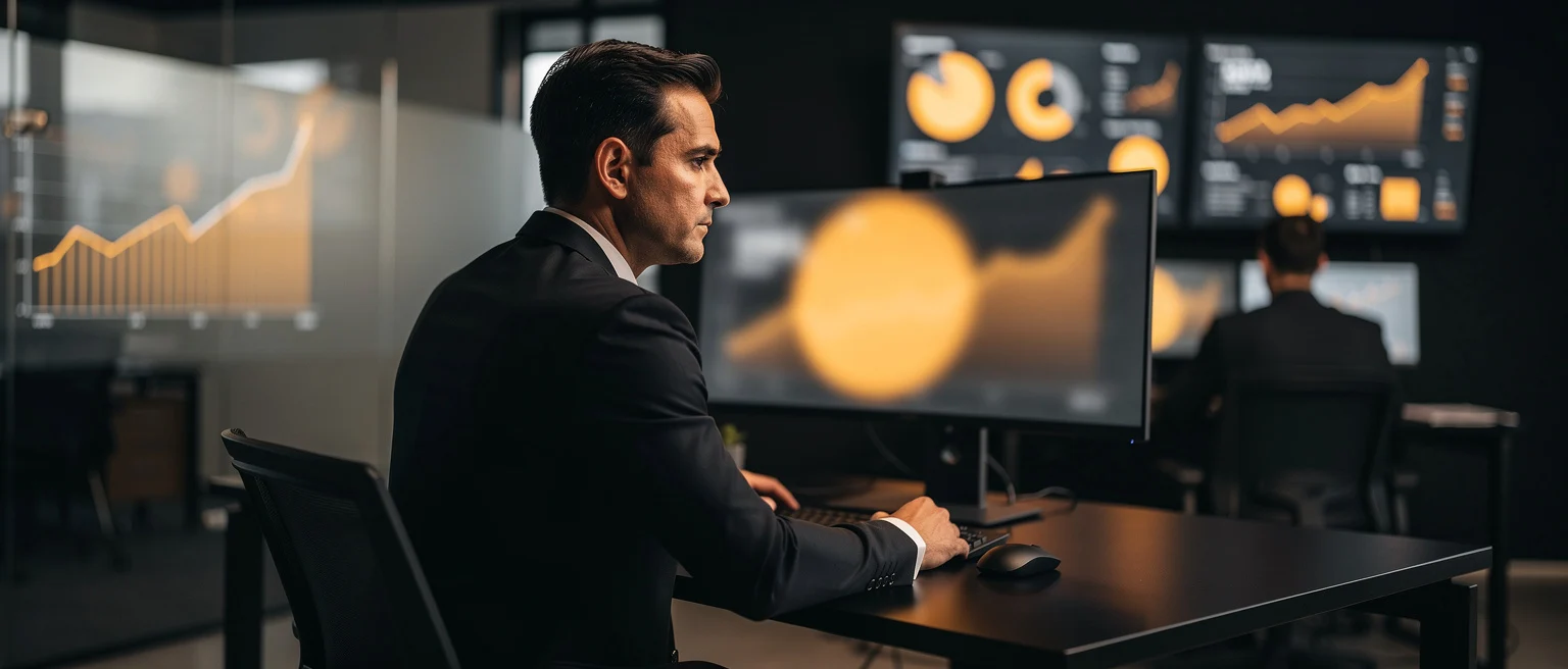 Businessman in dark suit viewing financial data charts on computer monitors in an office.