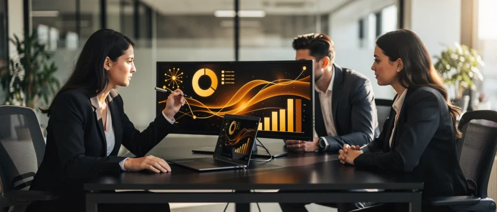 Three business professionals discussing analytics dashboard with gold charts and graphs displayed on monitor in modern office