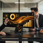 Three business professionals discussing analytics dashboard with gold charts and graphs displayed on monitor in modern office