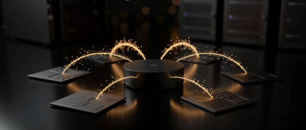 Central black cylinder surrounded by four tablet devices connected by glowing golden arc lines with particle effects.