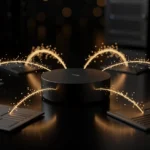 Central black cylinder surrounded by four tablet devices connected by glowing golden arc lines with particle effects.
