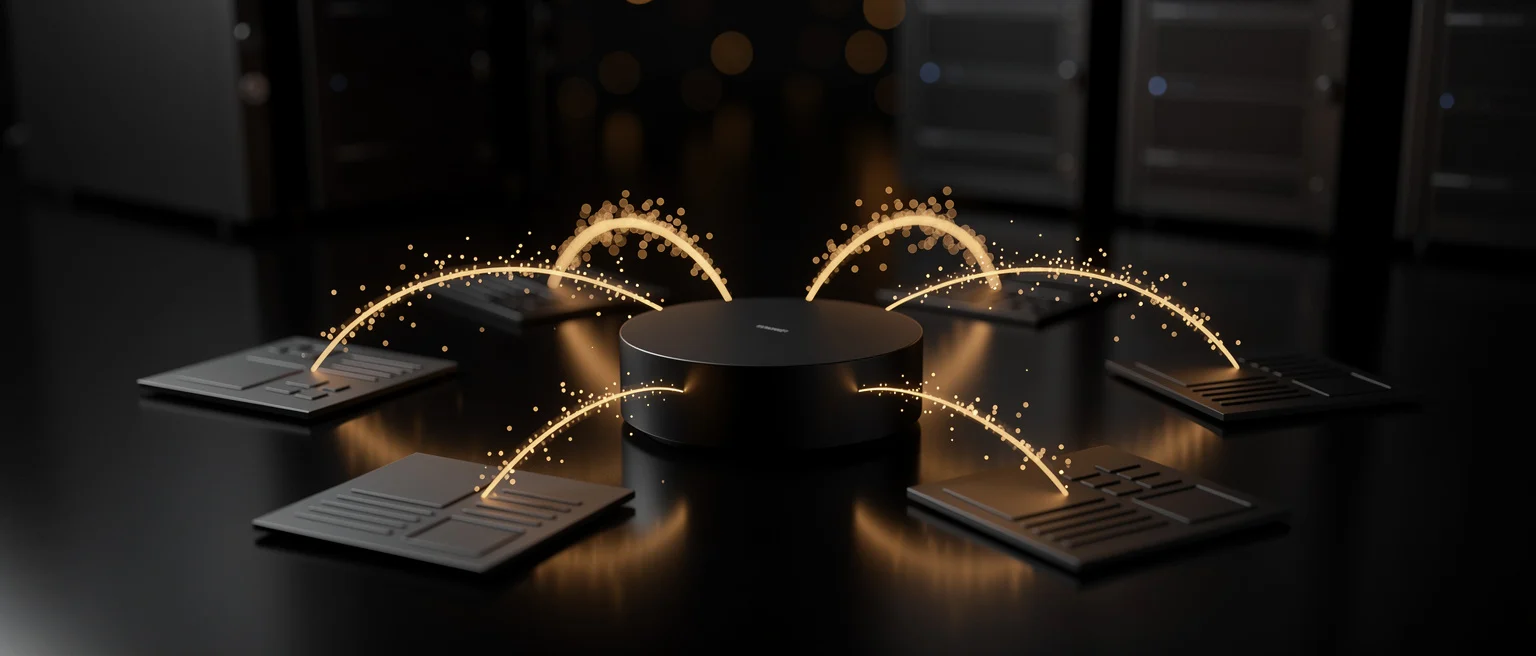 Central black cylinder surrounded by four tablet devices connected by glowing golden arc lines with particle effects.