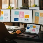 Woman working at a desk with multiple monitors displaying design and analytics interface mockups.