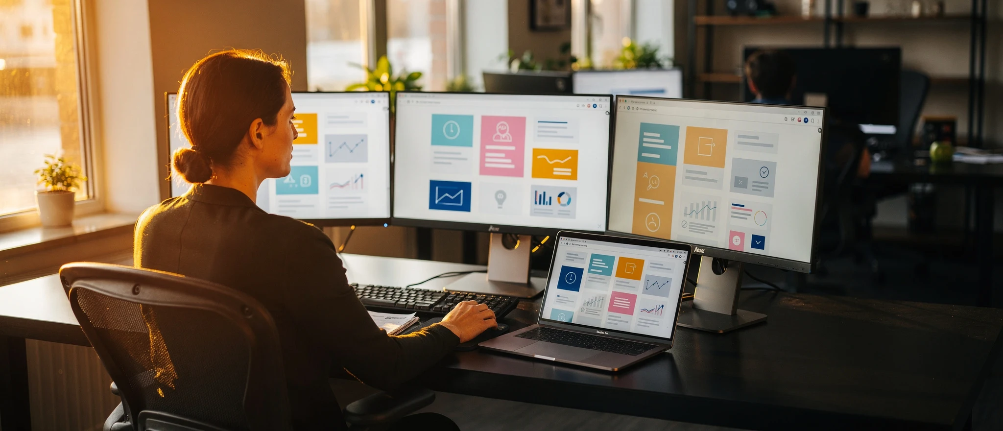 Woman working at a desk with multiple monitors displaying design and analytics interface mockups.