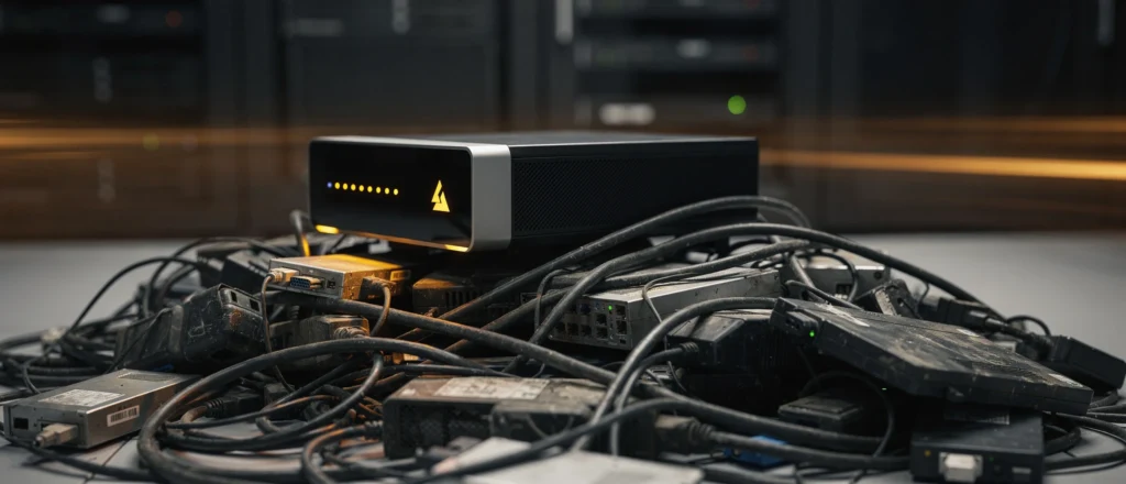 Discarded electronic equipment including a black router with yellow warning triangle and tangled power cables on a concrete f