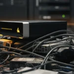 Discarded electronic equipment including a black router with yellow warning triangle and tangled power cables on a concrete f