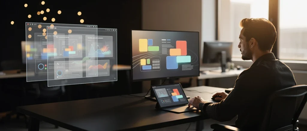 Man working at desk with holographic displays showing data visualisations and design layouts.