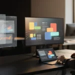 Man working at desk with holographic displays showing data visualisations and design layouts.