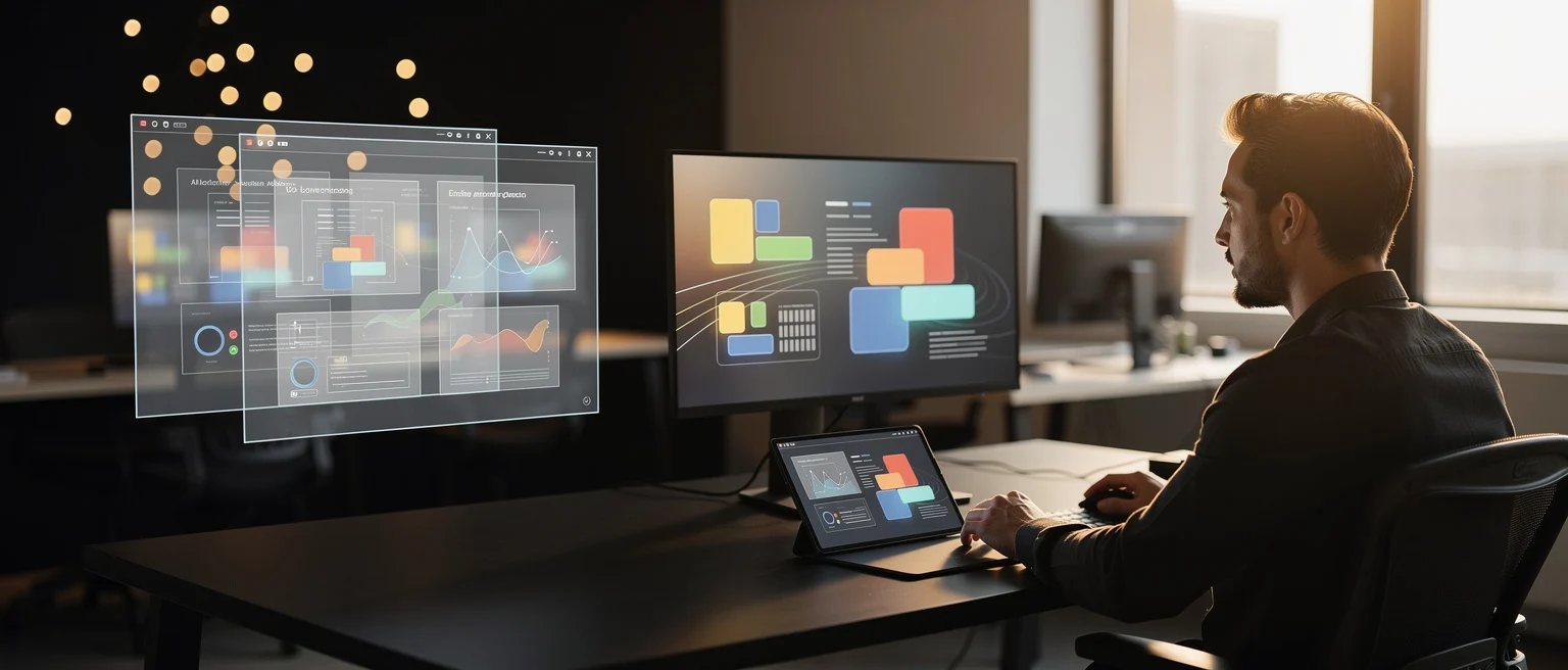 Man working at desk with holographic displays showing data visualisations and design layouts.