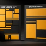 Comparison of good and bad website layouts, showing varied yellow box sizes and black space on left versus larger uniform box