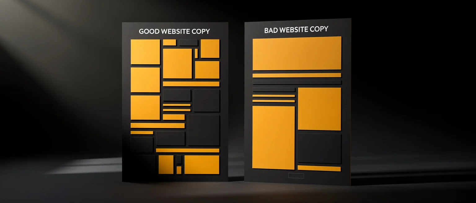 Comparison of good and bad website layouts, showing varied yellow box sizes and black space on left versus larger uniform box