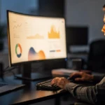 Man viewing data analytics dashboards on laptop and desktop monitor in office setting.