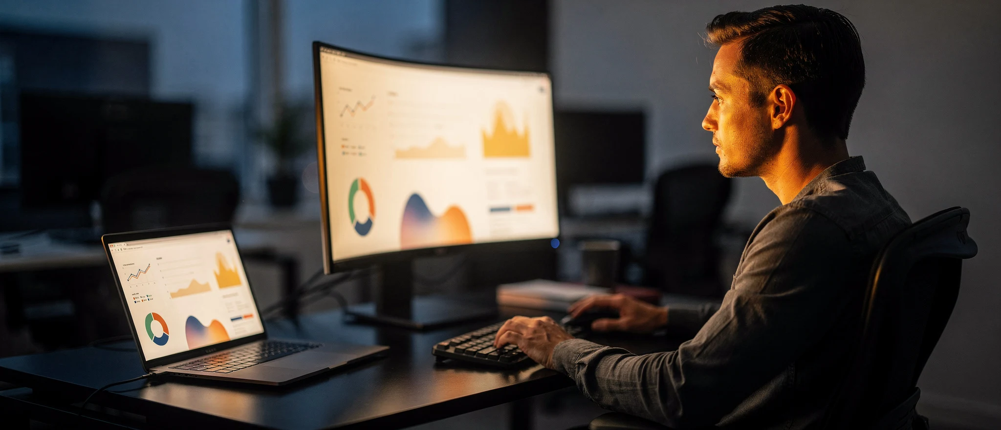 Man viewing data analytics dashboards on laptop and desktop monitor in office setting.