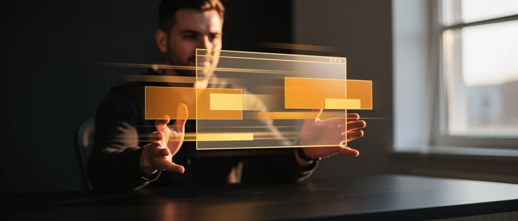 Man gesturing towards translucent golden wireframe interface windows displayed in front of him.