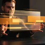 Man gesturing towards translucent golden wireframe interface windows displayed in front of him.