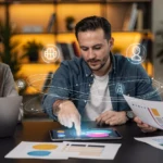 Three professionals reviewing data on a laptop and tablet with digital network icons overlaid in a modern office.